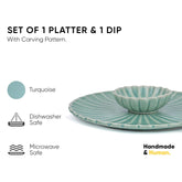 Large Flower Ceramic Serving Platter With Dip, 75ml - Light Mint | Serving Plate With Glossy Finish - Platters Serving Set | Snacks Serving Plates - Ceramic Flower Platter + Dip
